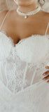 Close-up of a lace wedding dress with a blurred background
